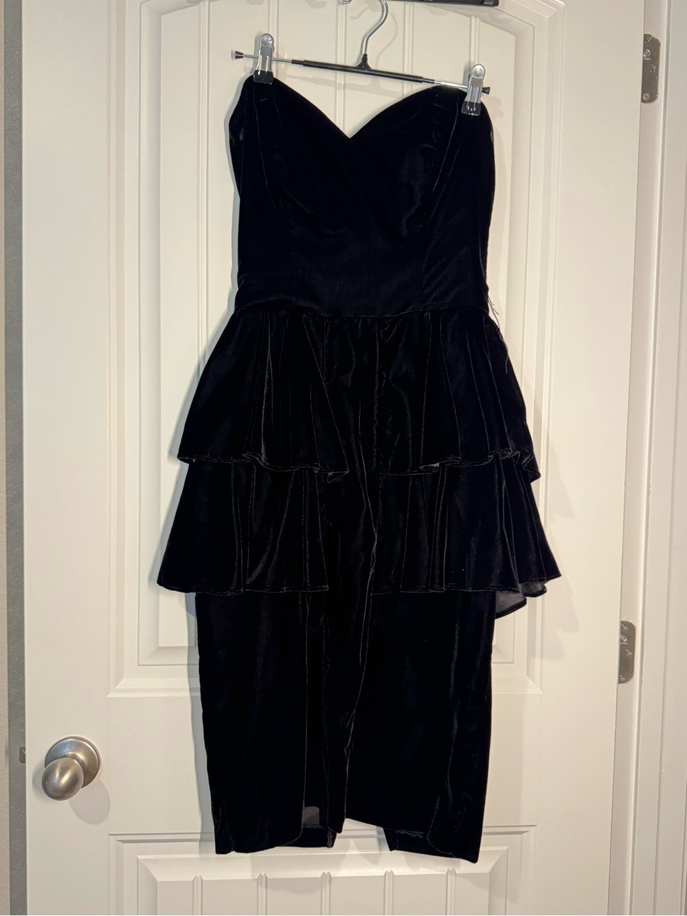 Vintage 80s Style Niki Black Strapless Crushed Velvet Tiered Cocktail Dress